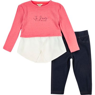 Mini girls pink slogan top leggings outfit